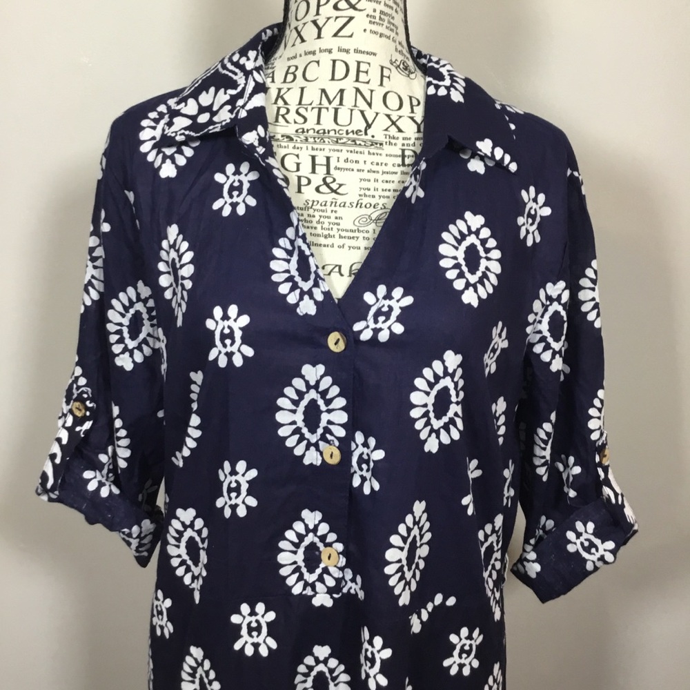 Mlle Gabrielle Navy blue paisley 100% cotton long dress like new button top sz L - Picture 2 of 8